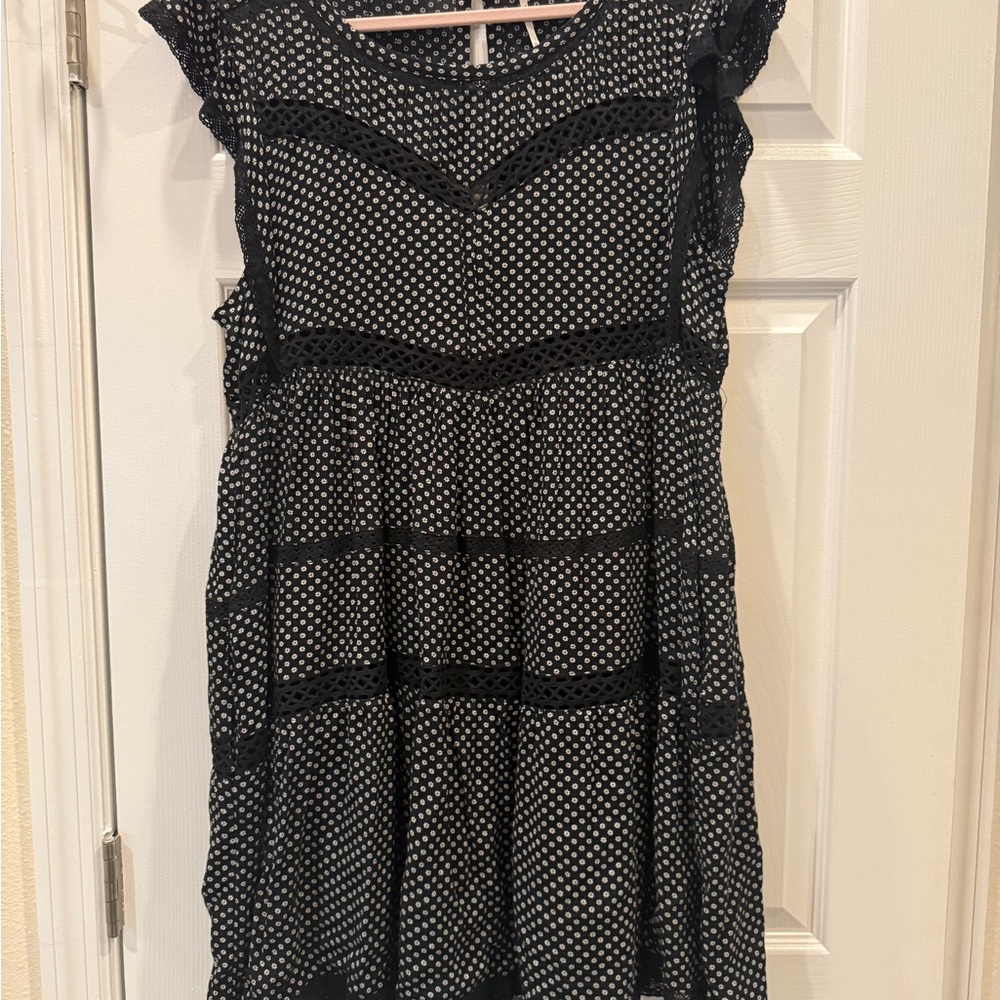 Free People Black & White Floral Dot Lace-Trim Midi Dress